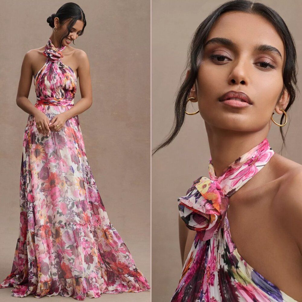 Mac Duggal Size 14 Pink Purple Multicolor Ruffled Halter Floral‎ Gown Maxi Dress